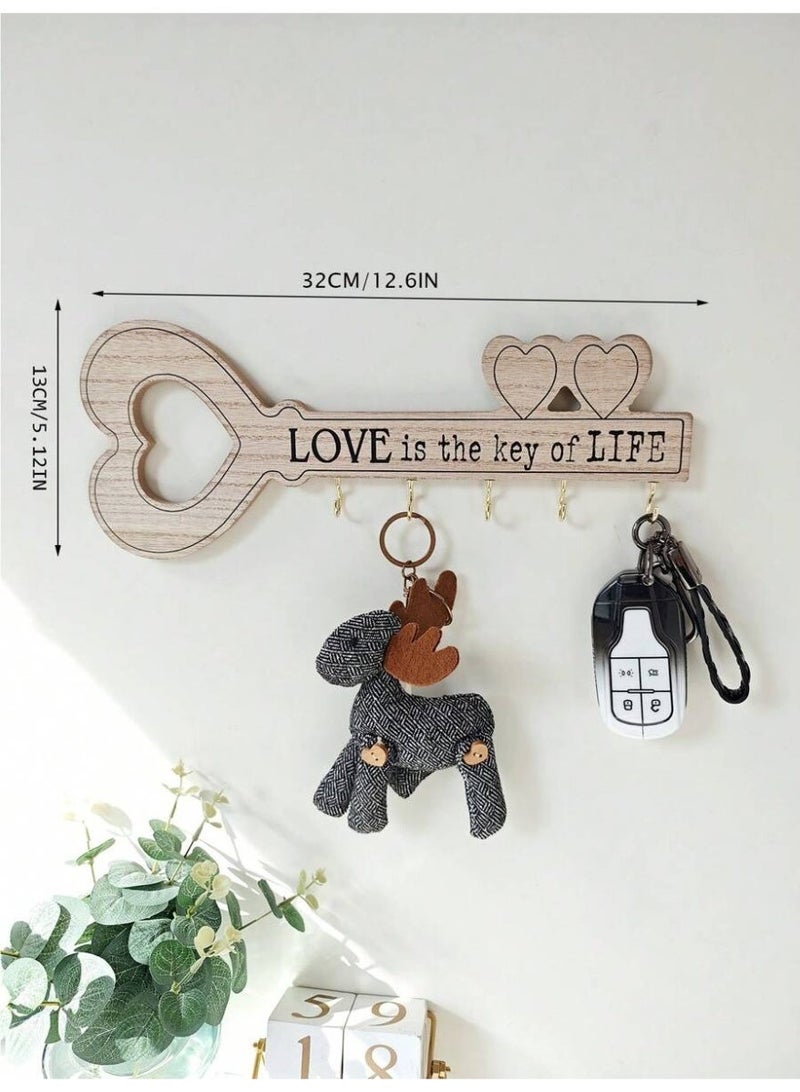 1 Brown Love Is the Key of Life Wall Key Holder – Wooden Key-Shaped Wall Decor with Hooks – Rustic Home Entryway Key Rack – Romantic House Organizer - Image 3